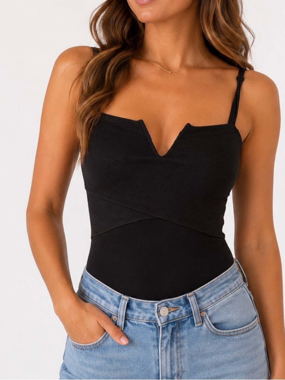 Pink Lily Black Ribbed V-Neck Thong Bodysuit spaghetti straps SZ SM